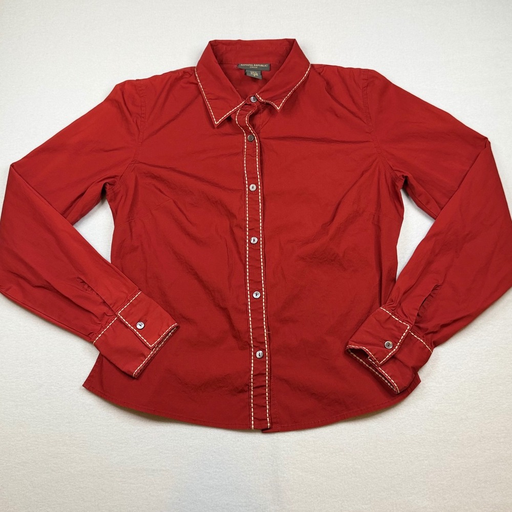 Banana Republic Red/Orange Contrast Stitch Stretch Cotton Button Down Shirt- S